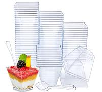 LONTOM 100 Pcs Plastic Dessert Cups with 100 Pcs Spoons, 60 ml/2 oz Plastic Dessert Pots Dessert Bowls, Reusable Cheesecake Pots, Mini Dessert Cups for Mousse Pudding Jelly Trifles Ice Iream Desserts