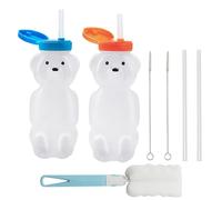 LONTOM 2 Pack Honey Bear Straw Cups, Squeezable Bear Bottle, Reusable Food-Grade & BPA Free Sippy Cup, Therapy Assistive Straw Bottle for Special Needs with 2 Straws & 3 Cleaning Brush