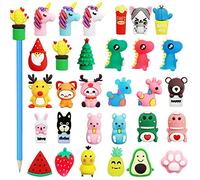 LONTOM 30 PCS Pencils Toppers for Kids, Novelty Silicone Animal Pencil Toppers Set, Cute Dinosaur Rabbit Unicorn Pencil Cap, Funny Gift for Homework Rewards School Supplies Party Bag Favors