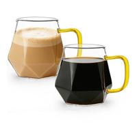 LONTOM 350ml Coffee Mugs Set of 2,Clear Glass Diamond-Shaped Coffee Mugs with Handle,Latte Glasses,Tea Cups,Glass Mugs for Espresso,Latte,Tea,Milk,Juice,Beer Hot or Cold Beverage