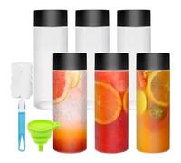 LONTOM 6 PCS 300 ml/10Oz Reusable Plastic Juice Bottles, Smoothie Bottles with Lids,Empty with Funnel & Brush,Clear PET Plastic Sensory Bottles for Juice Milk Homemade Beverages