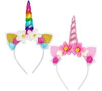 LONTOM Unicorn Headband, 2 Pcs Rainbow Hair Bands Flower Glitter Ears Photo Props Hair Accessories, Headwear Accessory for Birthday Party Decoration Cosplay Costume