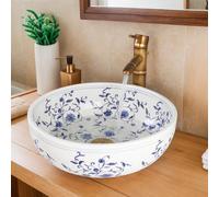 LONUEBU 16 Inch Bathroom Sink, Blue and White Porcelain Art Ceramic Round Bowl Sink Above Counter Vessel Sink with Bamboo Faucet and Pop-up Drain Combo