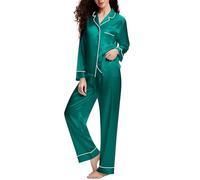 LONXU Womens Silk Satin Pajamas Set Green L