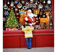Lonya 140pcs Large Christmas Window Stickers Xmas Tree Santa Claus Elk Snowflake Windows Decorations Double Side Reusable Colourful PVC Window Clings for Glass Shop Decals (Red and Green)