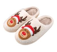 Lonya Christmas Fluffy Slippers for Women Men - Soft Reindeer Moose Cookie Man Santa Claus Cozy Indoor Outdoor House Slippers - Xmas Gifts, Smiling Reindeer, 6.5/7 UK
