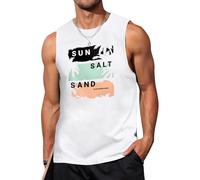 Lonya Mens Vest Tops Sleeveless T Shirt Round Neck Cotton Summer Hawaiian Palm Leaves Letter Printed Tank Top Beach Holiday Male Casual Lightweight Tee, White, M