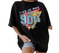 Lonya Women T-Shirt Womens Oversized 90s Printed Tops Round Neck Women Short Sleeve Ladies Blouse T-Shirt Casual Loose Summer Cotton Tee Tops Retro T-Shirts B-,Black,M