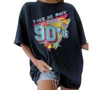 Lonya Women T-Shirt Womens Oversized 90s Printed Tops Round Neck Women Short Sleeve Ladies Blouse T-Shirt Casual Loose Summer Cotton Tee Tops Retro T-Shirts,B-Navy Blue,S