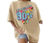 Lonya Women T-Shirt Womens Oversized 90s Printed Tops Round Neck Women Short Sleeve Ladies Blouse T-Shirt Casual Loose Summer Cotton Tee Tops Retro T-Shirts,B-Almond,L