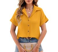 Lonya Women's Blouses Summer Chiffon Blouses V Neck Ladies Tops Short Sleeve Button Down Cotton Shirts Solid Color Loose Fit Casual Elegant Tee Shirts, Ginger Yellow, M