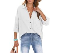 Lonya Womens Shirts Oversized Blouse Long Sleeve Button Down, Ladies Cotton Tops with Pocket, V Neck Blouses Roll-up Loose Fit Tunic T Shirts Business Casual Elegant, White, S