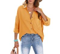 Lonya Womens Shirts Oversized Blouse Long Sleeve Button Down, Ladies Cotton Tops with Pocket, V Neck Blouses Roll-up Loose Fit Tunic T Shirts Business Casual Elegant, Ginger Yellow, XXL