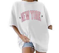 Lonya Women's T-Shirts New York Round Neck Y2k Oversized T Shirts for Women Ladies Short Sleeve Printed Summer Baggy Plus Size Casual Cotton Tee Tops,A-White,M