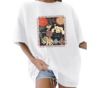 Lonya Women's T-Shirts Oversized Tops for Women Y2k Oil Paint Flower Graphic Tee Round Neck Bohemia Vintage Ladies Short Sleeve Retro Summer Casual Baggy Cotton Tee Tops, D-White, XXL