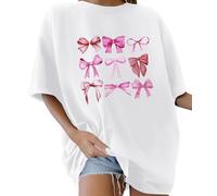 Lonya Women's T-Shirts Oversized Tops for Women Y2k Pink Bow Tie Graphic Tee Round Neck Cute Ladies Short Sleeve Retro Summer Casual Baggy Cotton Tee Tops, A-White, S
