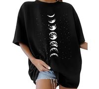 Lonya Women's T-Shirts Oversized Tops for Women Y2k Sun and Moon Graphic Tee Round Neck Bohemia Vintage Ladies Short Sleeve Retro Summer Casual Baggy Cotton Tee Tops, J-Black, XL