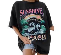 Lonya Women's T-Shirts Oversized Tops for Women Y2k Sunshine Beach Letter Printed Round Neck Rainbow Graphic Tee Ladies Short Sleeve Summer Tops Casual Baggy Plus Size Cotton T Shirts, A-Black, XXL