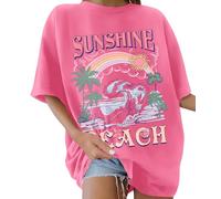 Lonya Women's T-Shirts Oversized Tops for Women Y2k Sunshine Beach Letter Printed Round Neck Rainbow Graphic Tee Ladies Short Sleeve Summer Tops Casual Baggy Plus Size Cotton T Shirts,A-Rose Pink,S