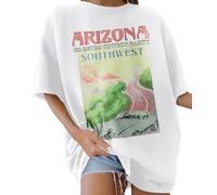 Lonya Women's T-Shirts Oversized Tops for Women Y2k Sunshine Beach Letter Printed Round Neck Rainbow Graphic Tee Ladies Short Sleeve Summer Tops Casual Baggy Plus Size Cotton T Shirts, C-White, L
