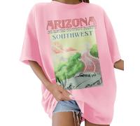 Lonya Women's T-Shirts Oversized Tops for Women Y2k Sunshine Beach Letter Printed Round Neck Rainbow Graphic Tee Ladies Short Sleeve Summer Tops Casual Baggy Plus Size Cotton T Shirts, C-Pink, XXL