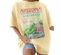 Lonya Women's T-Shirts Oversized Tops for Women Y2k Sunshine Beach Letter Printed Round Neck Rainbow Graphic Tee Ladies Short Sleeve Summer Tops Casual Baggy Cotton T Shirts, C-Yellow Beige, L