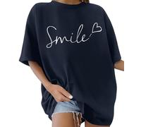 Lonya Women's T-Shirts Round Neck Y2k 90s Oversized T Shirts for Women Ladies Short Sleeve Graphic Print Summer Baggy Plus Size Casual Cotton Tee Tops,Deep Navy Blue,XXL