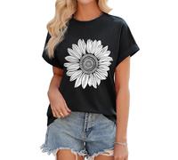 Lonya Womens Tops Oversized T-Shirts Summer Crew Neck Short Sleeve Casual Striped Blouse Tunic Basic Tee Shirts Daisy-Black,XXL