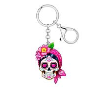 LONYOO Acrylic Flower Skull Keychain,Spooky Day of the Dead Accessories Halloween Gifts for Women Girls Bag Purse Key Charms (Pink)