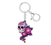 LONYOO Acrylic Rose Flower Skull Keychain Halloween Accessories Spooky Sugar Skull Gifts for Women Girls Bag Purse Key Charms (Purple)