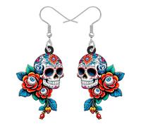 LONYOO Acrylic Sugar Skull Earrings for Women Halloween Flowers Dangle Earrings Day of the Dead Jewellery Spooky Skull Gifts for Halloween Costumes Party Accessories (Colorful)