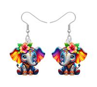 LONYOO Cartoon Floral Elephant Earrings Dangle, Acrylic Jungle Animals Kawaii Charms African Jewellery Cute Elephant Gifts for Women Mom (Colorful)