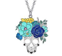 LONYOO Floral Skull Necklace Halloween Jewelry for Women | Alloy Chain Enamel Charms,Statement Pendant Necklaces,Handmade Gothic Gifts Day of the Dead Accessories for Costume