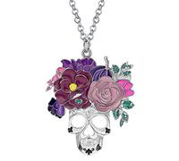 LONYOO Floral Skull Necklace Halloween Jewelry for Women | Alloy Chain Enamel Charms,Statement Pendant Necklaces,Handmade Gothic Gifts Day of the Dead Accessories for Costume