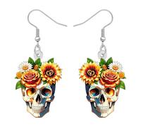 LONYOO Floral Sugar Skull Earrings for Women Girls, Acrylic Flowers Halloween Earrings Dangle Jewellery Sugar Skull Gifts for Womens Halloween Costume Day of the Dead Accessories (Yellow)