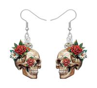 LONYOO Floral Sugar Skull Earrings for Women Girls, Acrylic Flowers Halloween Earrings Dangle Jewellery Sugar Skull Gifts for Womens Halloween Costume Day of the Dead Accessories (Brown)