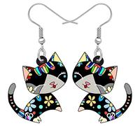 LONYOO Fun Cat Earrings Dangle Acrylic Anime Design Jewellery Novelty Cute Kitten Gifts for Women Girls Charms Accessories (Black)