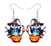 LONYOO Halloween Witch Hat Owl Earrings with Pumpkin Acrylic Bird Dangle Witchy Jewellery Spooky Halloween Gifts for Women Bird Lovers Costumes Party Decor (Blue)