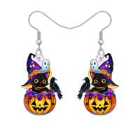 LONYOO Halloween Witch Hat Pumpkin Black Cat Earrings Spooky Acrylic Dangle Funny Kitten Jewellery Quirky Halloween Gifts for Women Cat Lovers Costumes Party Decor (Purple)