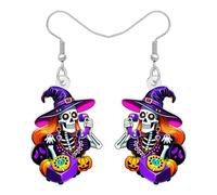 LONYOO Novelty Skull Earrings for Women Girls,Acrylic Halloween Dangle Earrings with Witch Hat Flower Jewellery Spooky Day of the Dead Accessories Gifts (Purple)