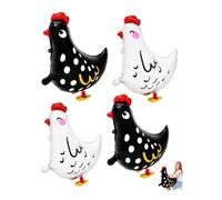 LONZIKP Pack of 4 Walking Foil Balloons Rooster, 2 White 2 Black, Balloons Animals with Drawstring, Interactive Farm Decoration for Children's Birthday, Sturdy Aluminium Foil Look
