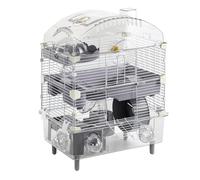 LOOBMBNS Hamster Cage Kit 18″Lx11″Wx23″H with with 3 Platforms, 2 Combinations of Bathtub & Food Bowl & Steps, 2 Exercise Wheels, 3 Doors, Small House, Water Bottle, Transparent/Gray