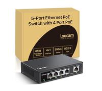 Loocam 5 Port PoE Switch, 4 PoE+ Port with 1 Uplink Port, 10/100 Mbps Ethernet Switch for 65W Total Power, IEEE802.3af/at, Metal Casing, Desktop or Wall-Mount, Plug & Play, Unmanaged
