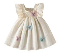 Loodgao Baby Girl Butterfly Birthday Dress Sweet Square Collar Fly Sleeves Smocking Stitch Party Outfit Champagne