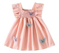 Loodgao Baby Girl Butterfly Birthday Dress Sweet Square Collar Fly Sleeves Smocking Stitch Party Outfit Pink