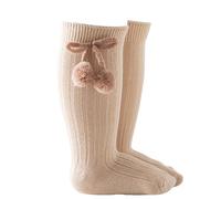 Loodgao Baby Girls Knee High Socks Toddler Bowknot Dress Socks Cotton Tube Stockings with Pompoms Khaki 2-4 Years