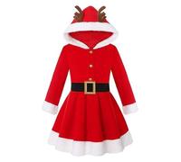 Loodgao Child Girls Christmas Mrs. Santa Claus Costume Kids Red Velvet Hoodie Dress with Belt Deer Red 7 Years