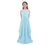 Loodgao Junior Flower Girl Wedding Bridesmaid Long Dress Halter Neck Chiffon Pageant Party Evening Prom Maxi Gown Light Blue 15-16 Years