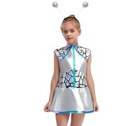 Loodgao Kids Girls 2Pcs Alien Costumes Shiny Metallic Back Zip Sequins Dress with Matched Antennas Glitter Balls Hair Hoop Headband Sliver 15-16 Years