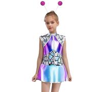 Loodgao Kids Girls 2Pcs Alien Costumes Shiny Metallic Back Zip Sequins Dress with Matched Antennas Glitter Balls Hair Hoop Headband Blue Hot Pink 11-12 Years